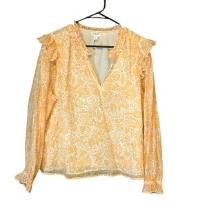 J.Crew blouse women L orange floral white V-neck ruffle trim long sleeve lined